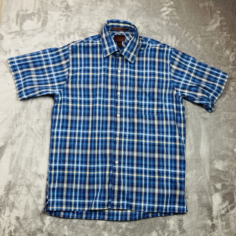 Born‎ Shirt Button Down Mens Medium Short Sleeve Blue Plaid